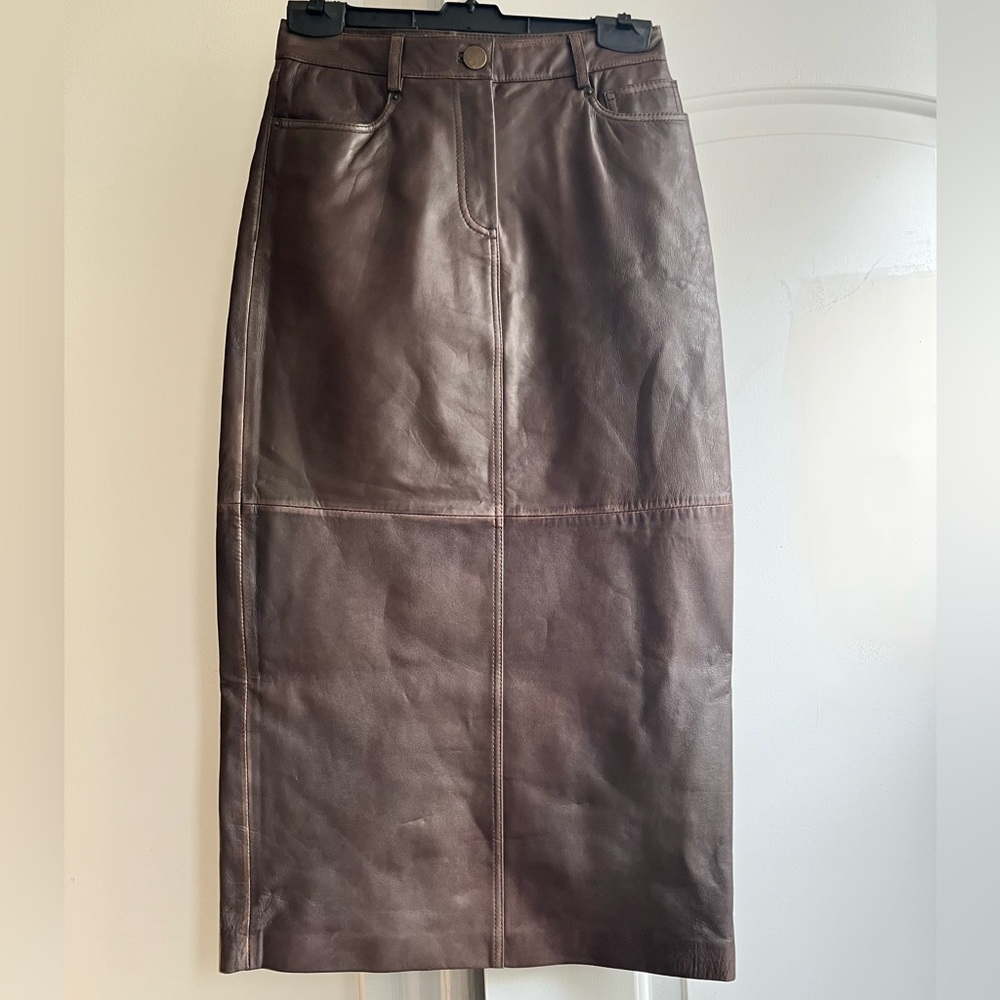 MANGO MNG Leather Collection Genuine Leather 5 Pockets Style Midi Retro Skirt XS